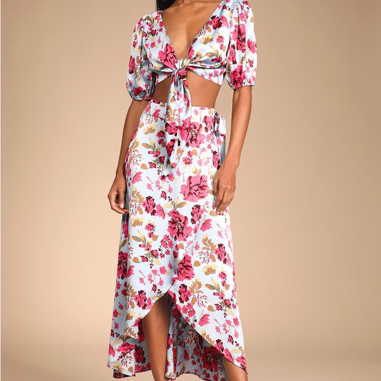 Lulus Fairest Bloom Blue Floral Print Wrap Midi Skirt & Top